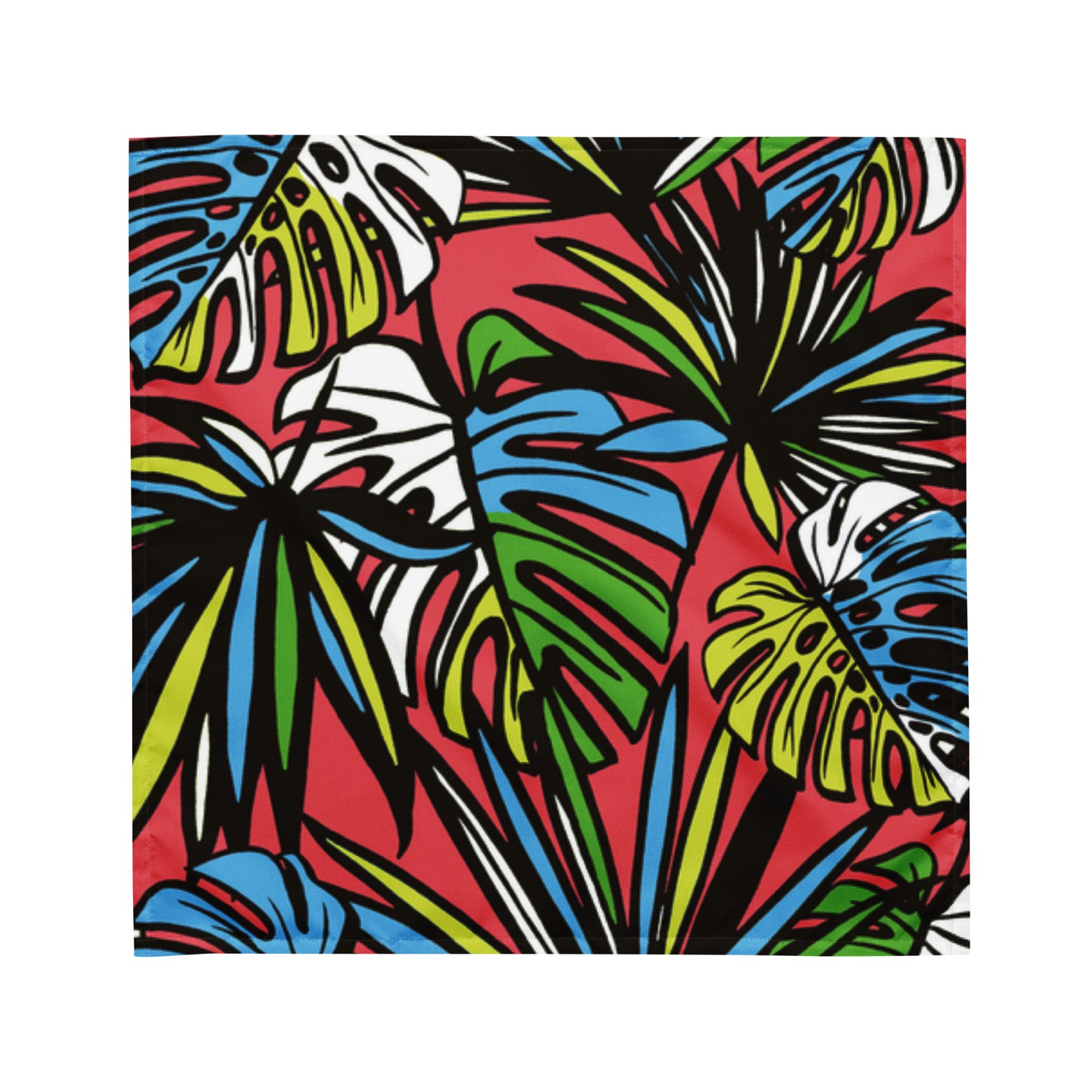 Tropical Palm Bandana featuring a vibrant all-over print of colorful palm leaves in blue, green, white, and black on a bold red background, perfect for stylish apparel and accessories.