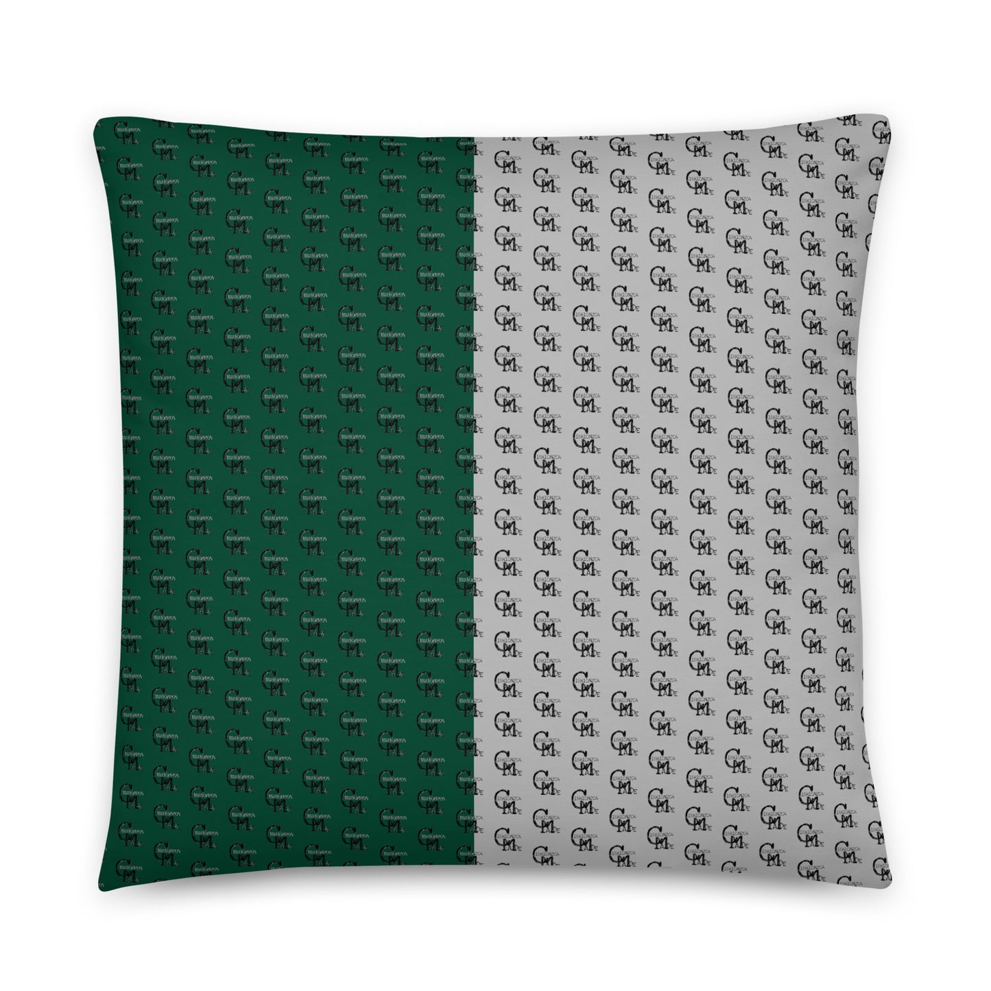 Melanin Made Pillow featuring a green and light gray split design with a repeating small black logo pattern, offering stylish home decor with purpose-driven messaging.