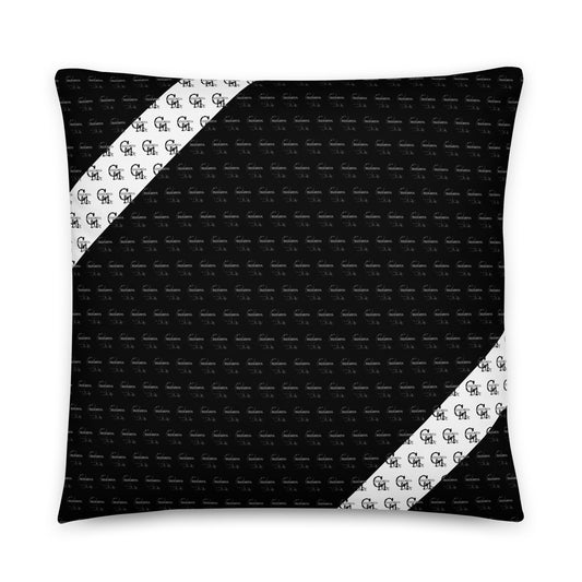 Black & White Ribbon Pillow featuring a sleek black background with contrasting white diagonal ribbon stripes adorned with a repeating monogram pattern, perfect for stylish home decor.