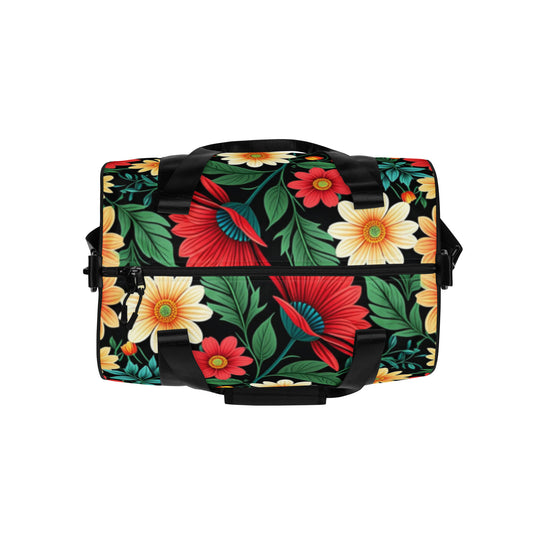 Gym Bag – Floral featuring vibrant red, yellow, and orange flowers with green leaves on a black background, accented with durable black straps for easy carrying.