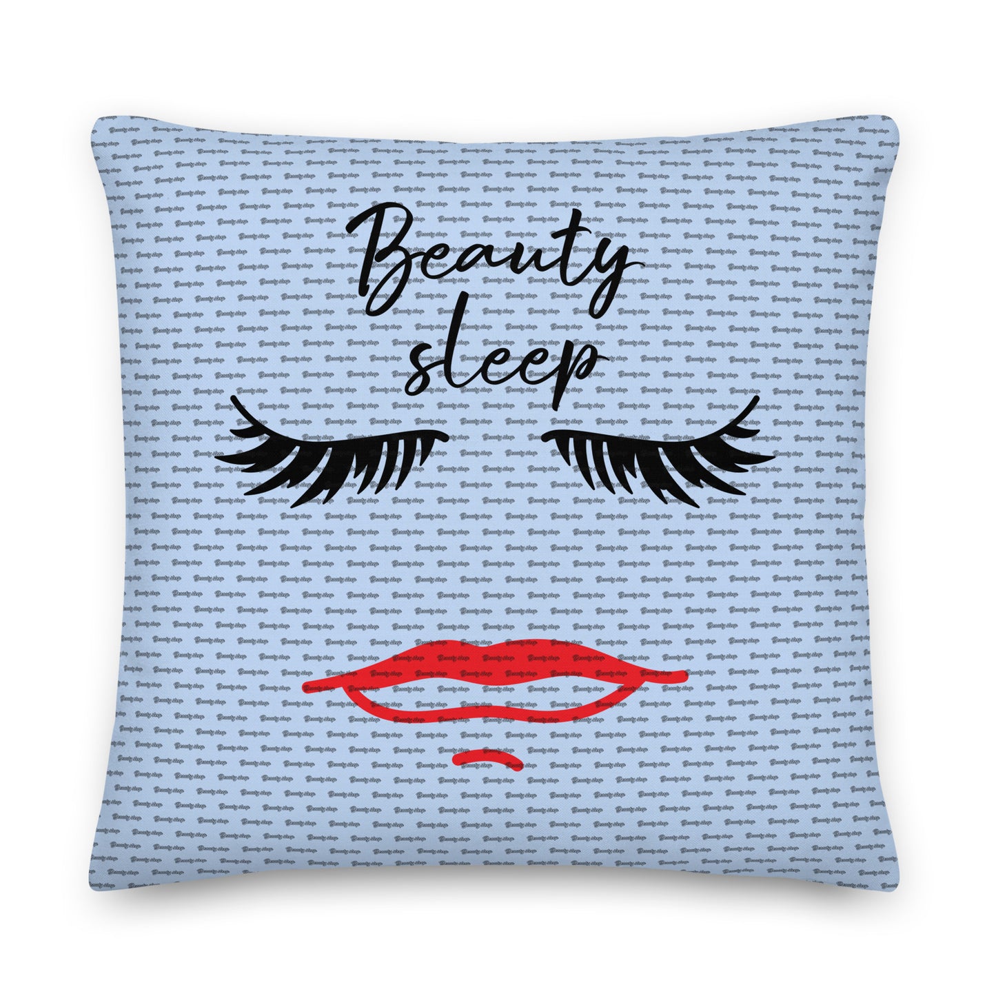 Square Beauty Sleep Pillow with a light blue background, featuring closed black eyelashes above the words "Beauty sleep" and bold red lips below, designed for home decor.