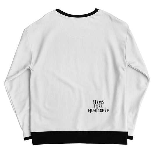 Back view of a white Unisex Sweatshirt – 6ft Ash Hole with black collar and cuffs, featuring subtle "Items Less Mentioned" text near the hem, representing faith-inspired apparel with melanin-rich imagery and purpose-driven messaging. Walk in purpose. Wear your faith.