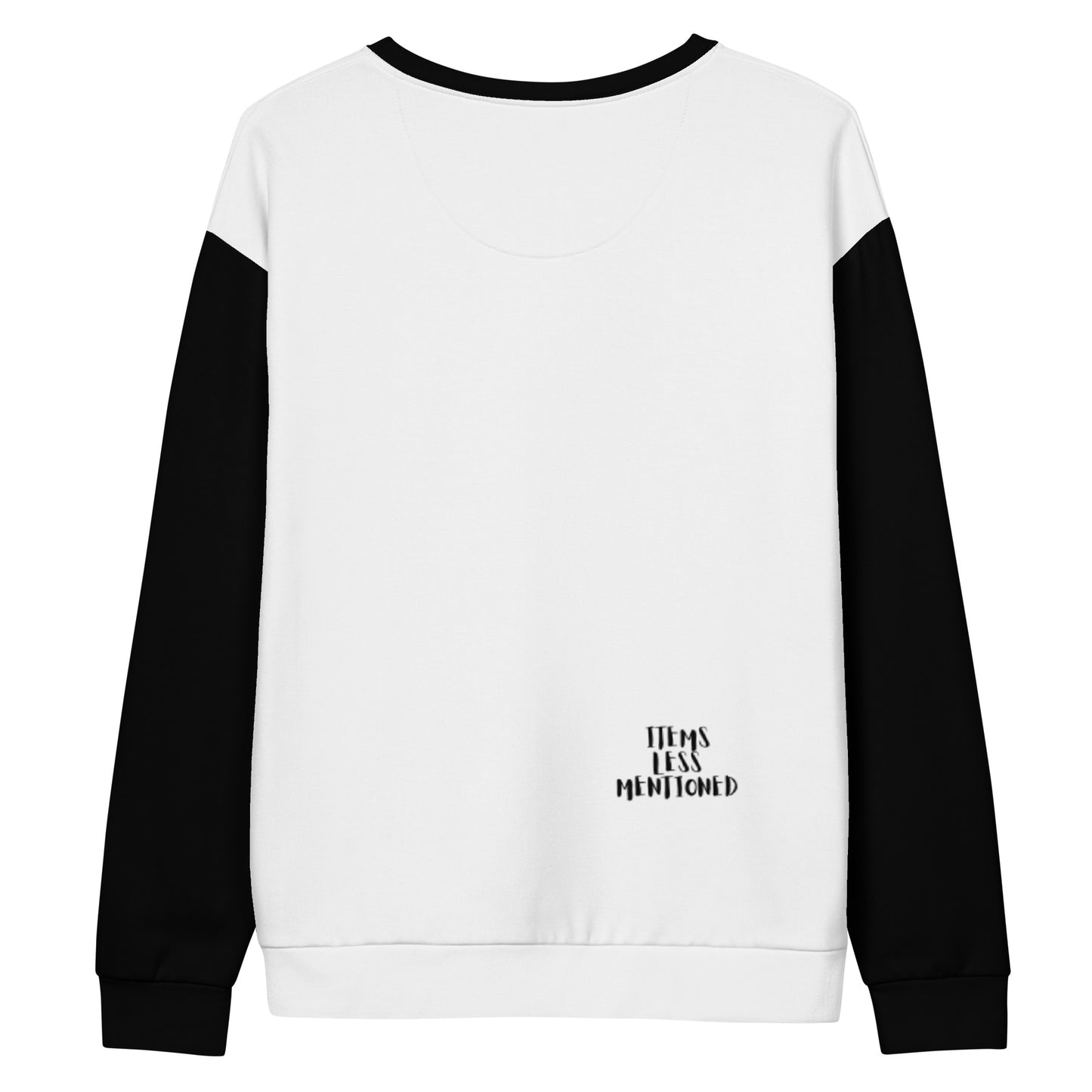 Back view of a black and white Unisex Sweatshirt – My Guardian Angel on Standby featuring contrasting black sleeves and a small "Items Less Mentioned" logo near the hem, faith-inspired apparel with purpose-driven messaging.