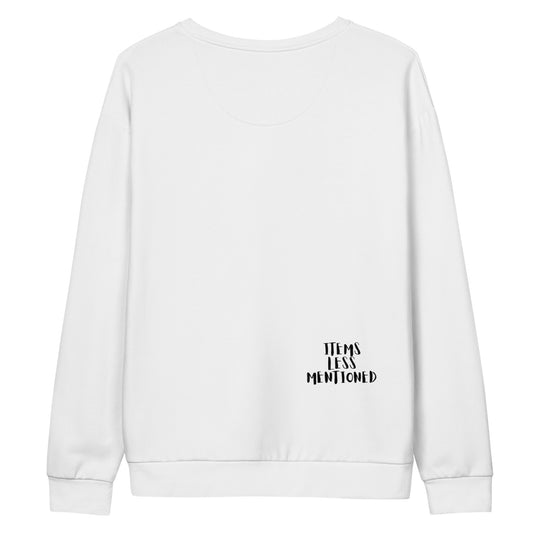 White Unisex Sweatshirt – Bag Secured with minimalist "Items Less Mentioned" text on the back, faith-inspired apparel featuring melanin-rich imagery and purpose-driven messaging. Walk in purpose. Wear your faith.