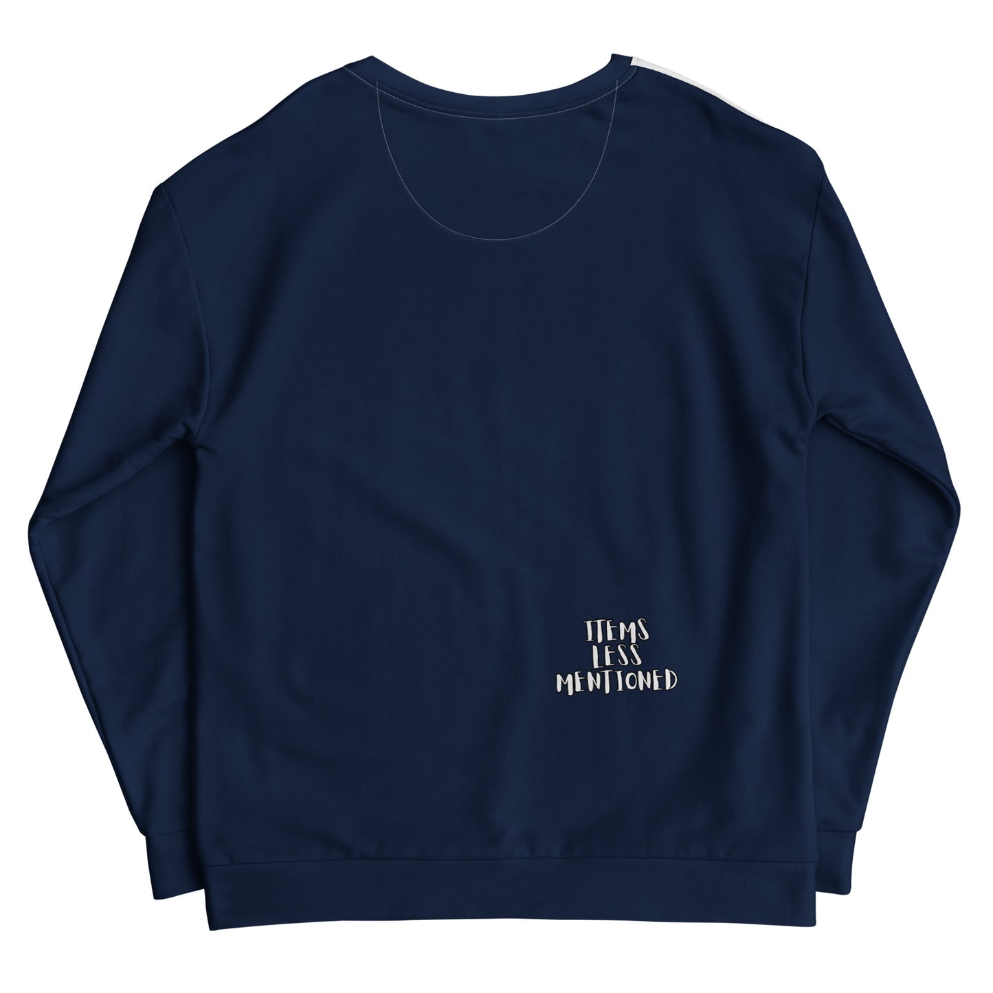Fill Your Heart With Music Sweatshirt in navy blue with small cream-colored "Items Less Mentioned" text printed on the back near the bottom hem, unisex casual apparel.