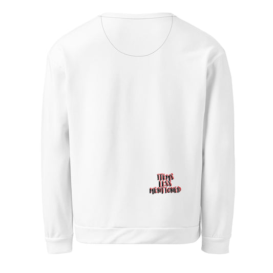 White recycled fabric sweatshirt with a small "Items Less Mentioned" red and black logo on the lower front, part of the Black Girl Magic Sweatshirt collection.