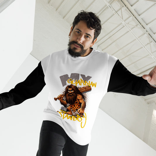 Man wearing a white and black long-sleeve Unisex Sweatshirt – My Guardian Angel on Standby featuring a bold caveman graphic with faith-inspired, purpose-driven messaging.