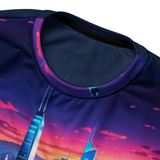 Close-up of the neckline on the Unisex Sweatshirt – City Skyline featuring a vibrant city skyline print with a colorful sunset, faith-inspired apparel with purpose-driven messaging.