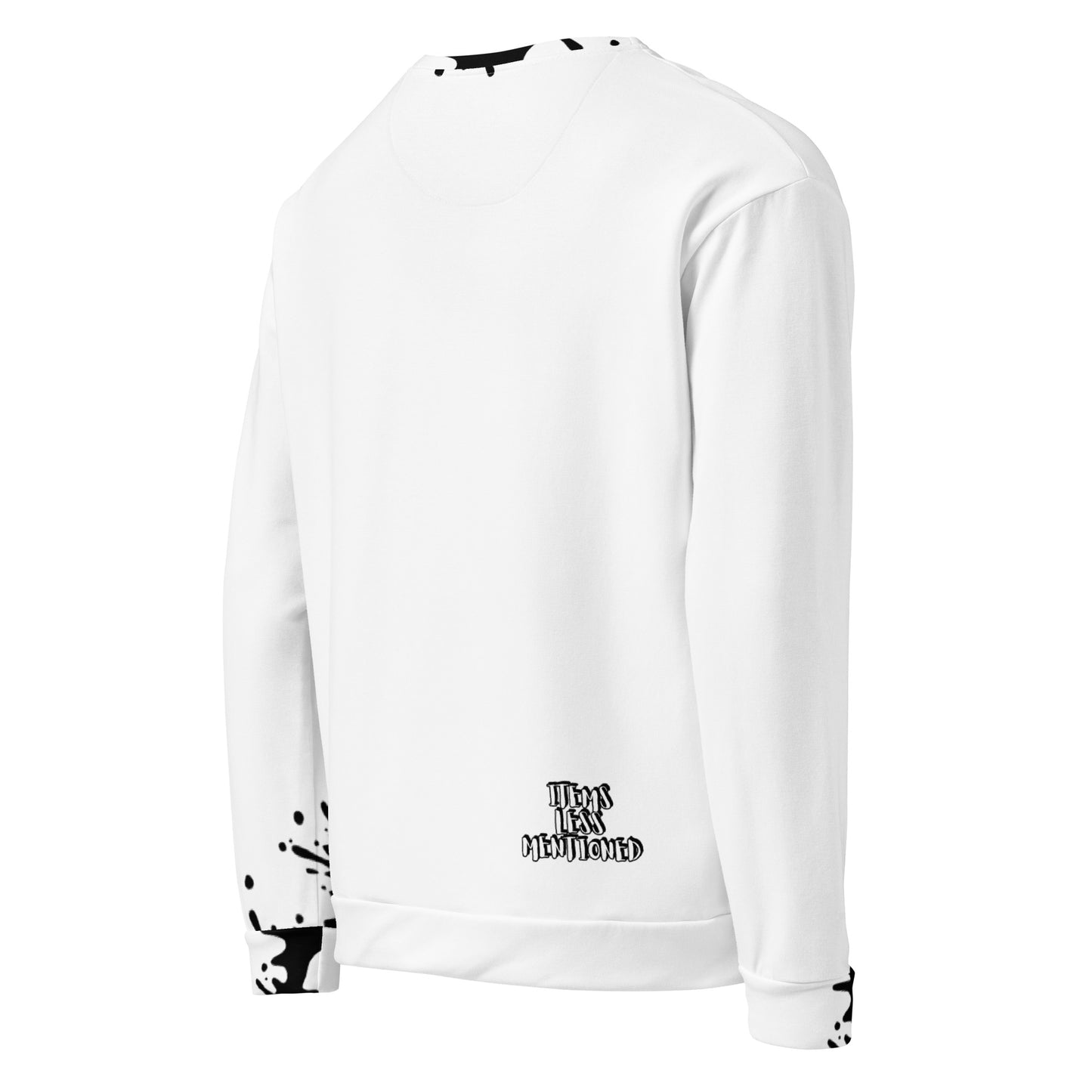 White Unisex Sweatshirt – Start & End With Prayer featuring subtle black ink splatter details near the cuffs and bottom hem, blending faith-inspired apparel with purpose-driven messaging.