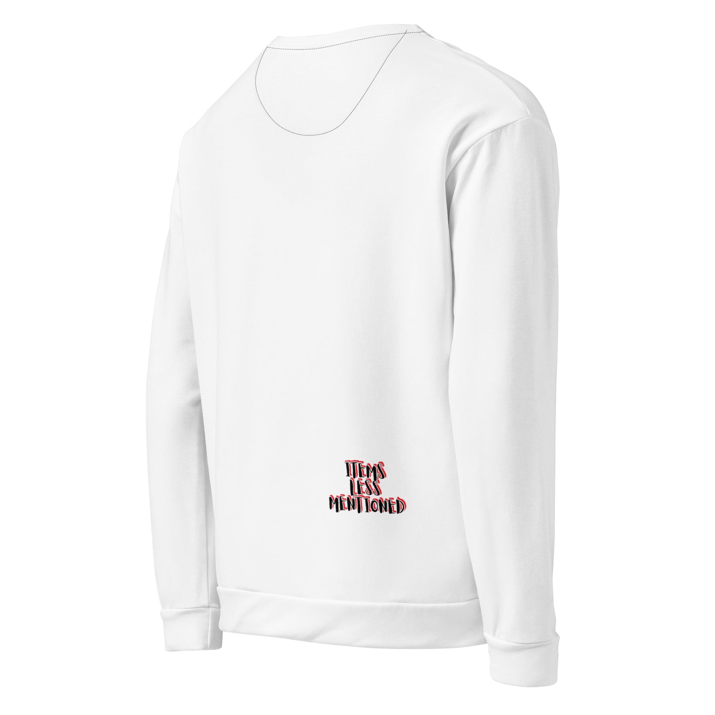 White long-sleeve Black Girl Magic Sweatshirt with a relaxed fit, featuring a small subtle text detail in red and black near the lower back for melanin fashion lovers.