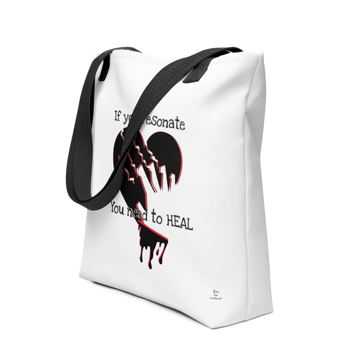 White tote bag with black handles featuring a broken heart graphic and the phrase "If You Resonate You Need to Heal" printed on the front, Tote Bag – If You Resonate You Need to Heal.