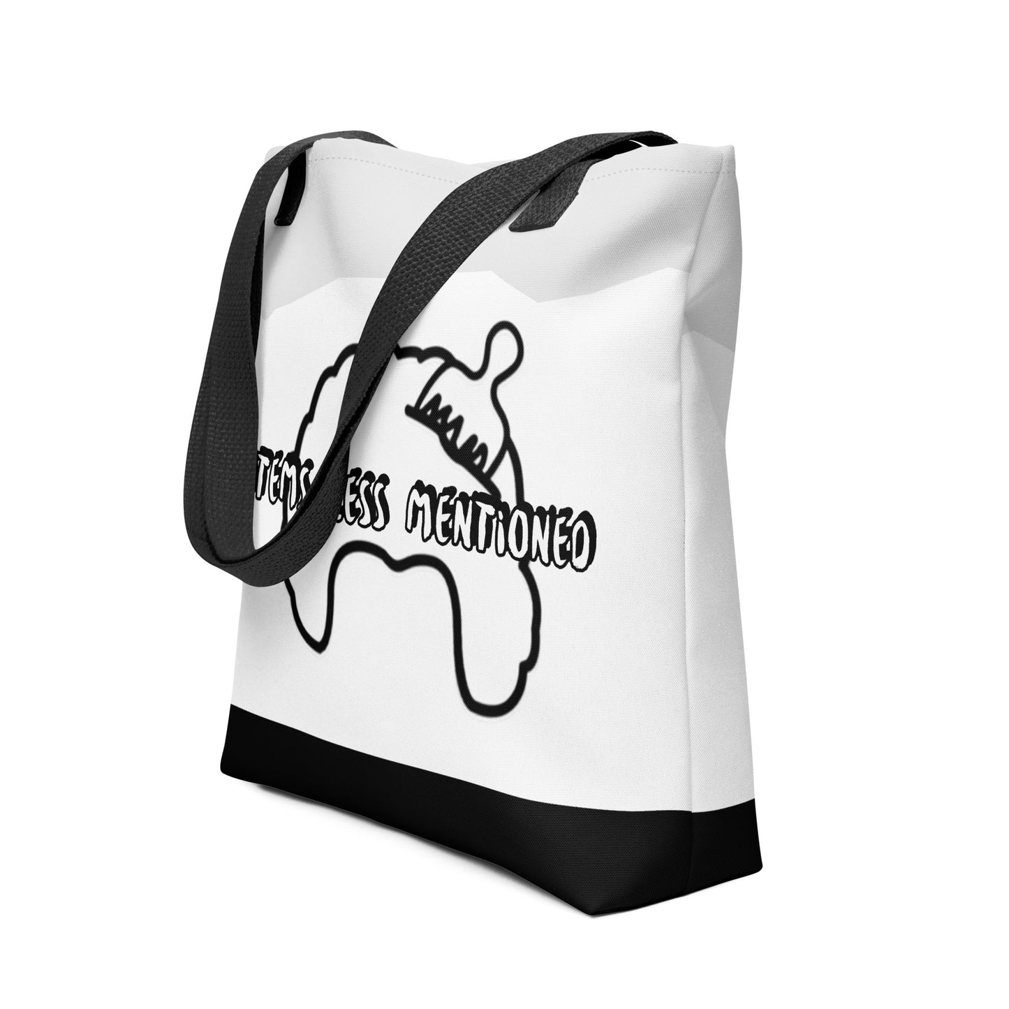 White and black tote bag featuring a bold graphic design with the phrase "Items Less Mentioned" and sturdy black straps, representing Items Less Mentioned brand.