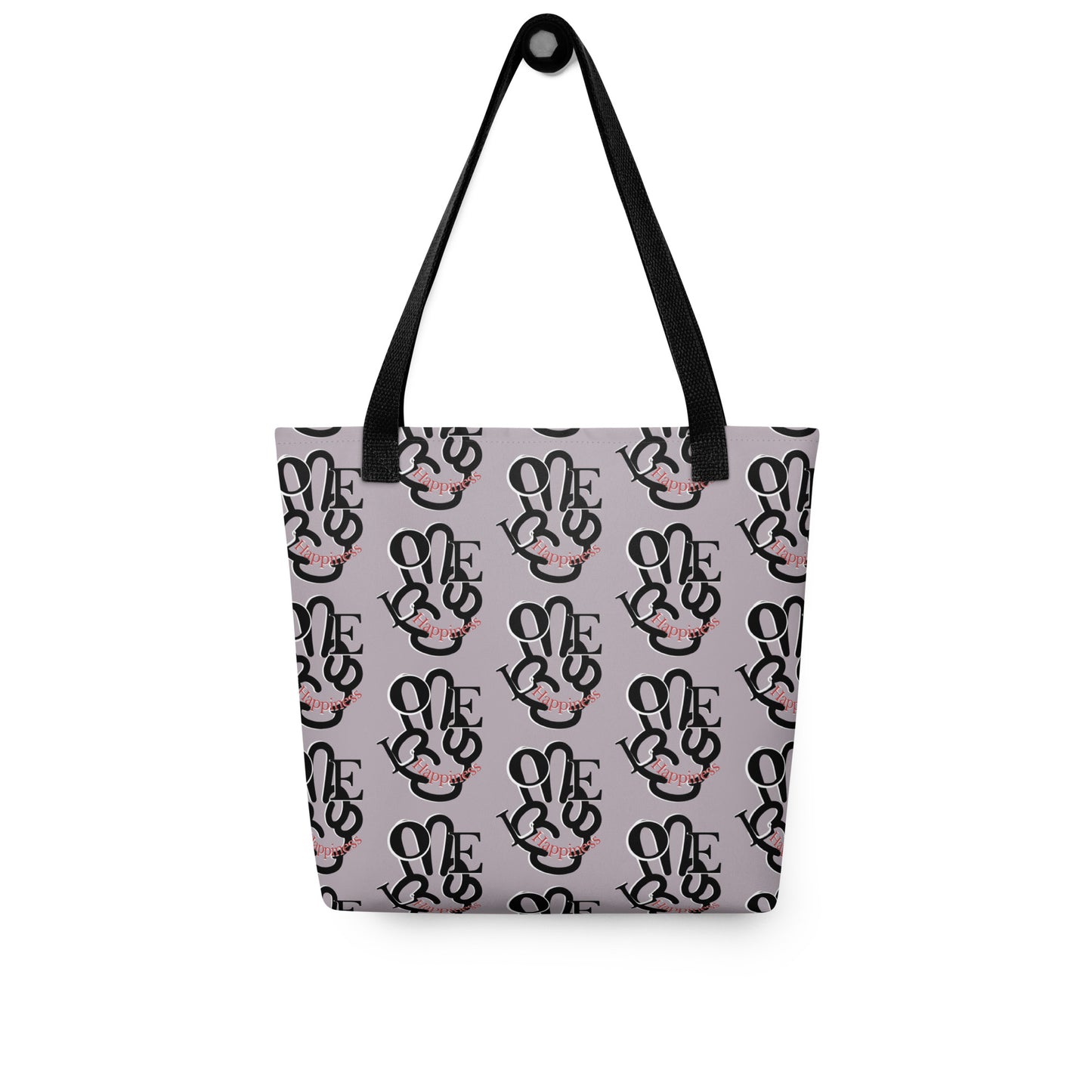 Tote Bag – One Love Peace Sign featuring repeating black and pink "One Love" text design with a peace sign on a light mauve background, with black handles.