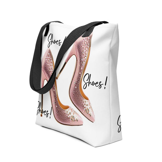 Tote Bag – Pink Heels featuring a stylish all-over print of sparkling pink high heels with black handles, perfect for fashion-forward tote bag lovers.