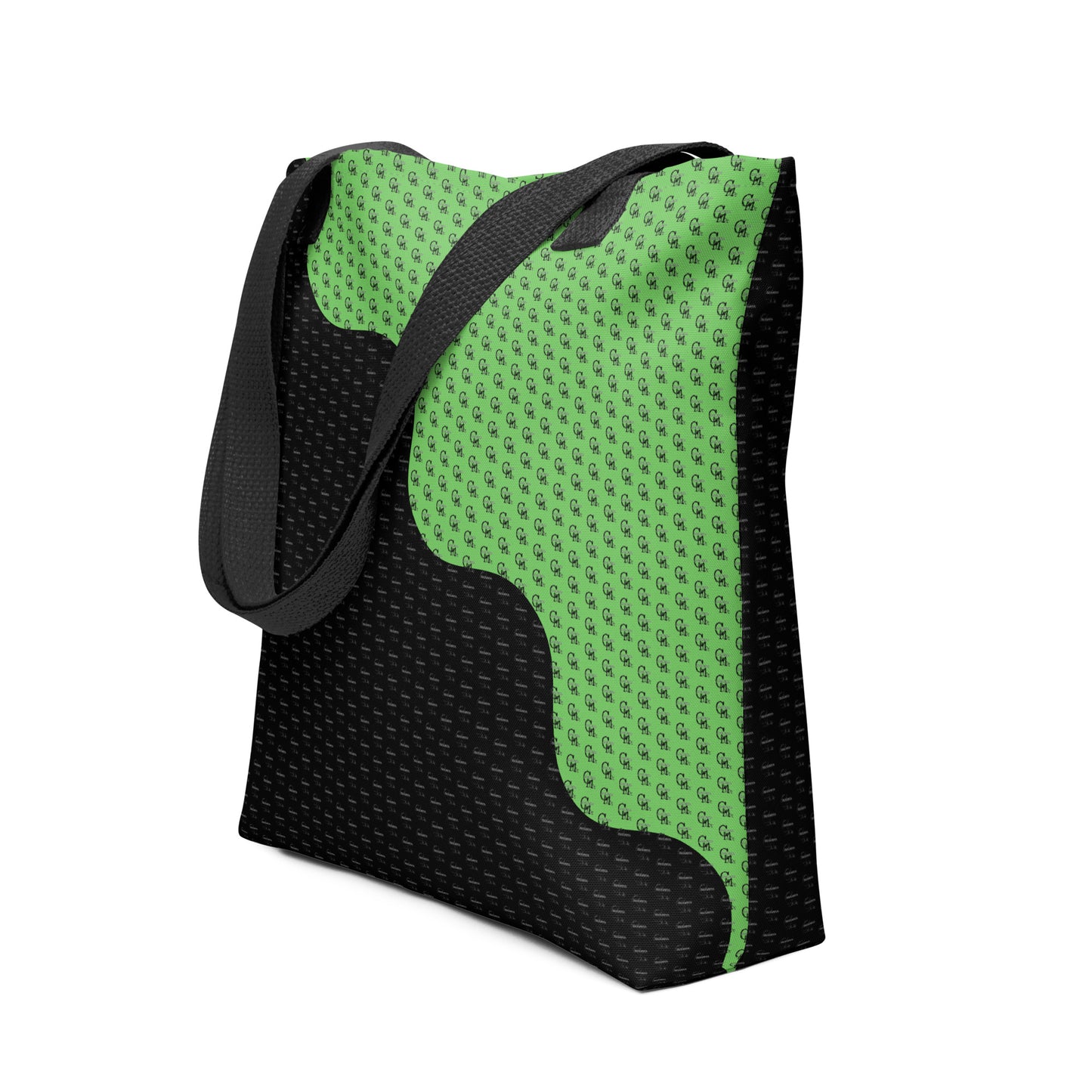 A stylish Tote Bag – Steps featuring a black and vibrant green abstract pattern with small repeated motifs, designed for everyday use with comfortable black shoulder straps.