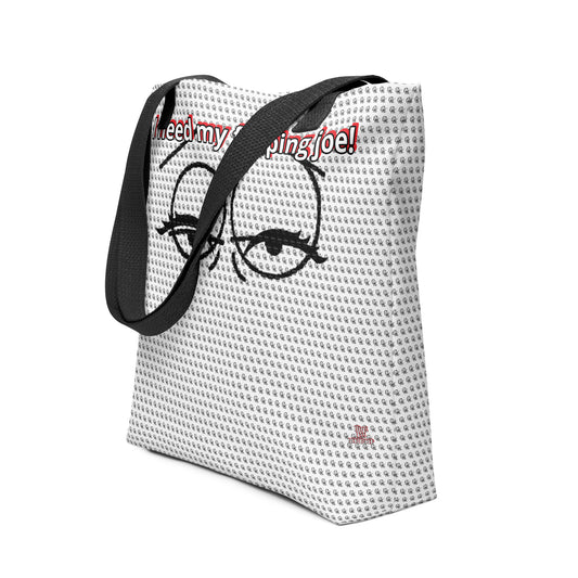 Tote bag featuring a black and white pattern with an expressive face design and the phrase "I need my flipping joe!" in red, with black handles, Bag – I Need My Flipping Joe.