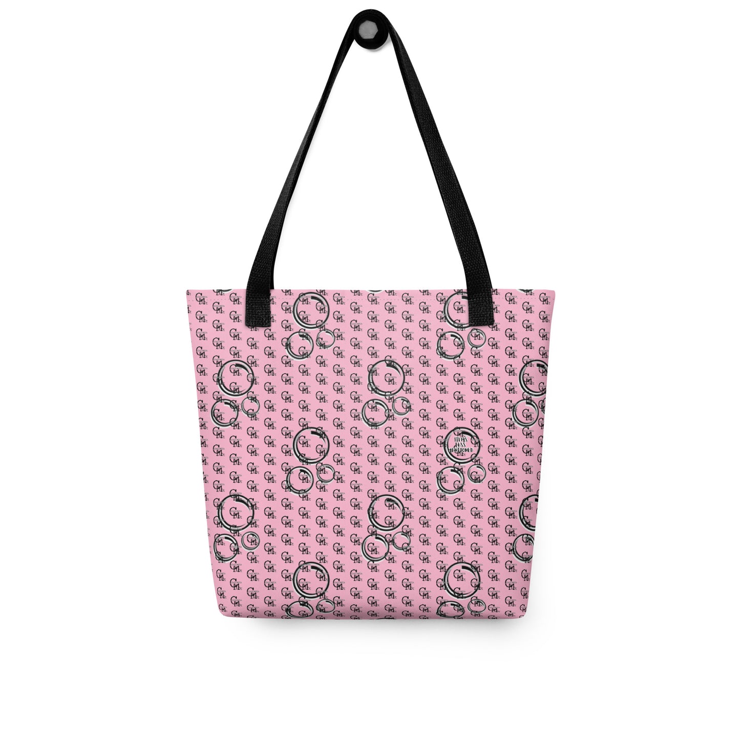 Pink tote bag with black bubble pattern and black straps, stylish and practical for everyday use, Bag – Bubbles.