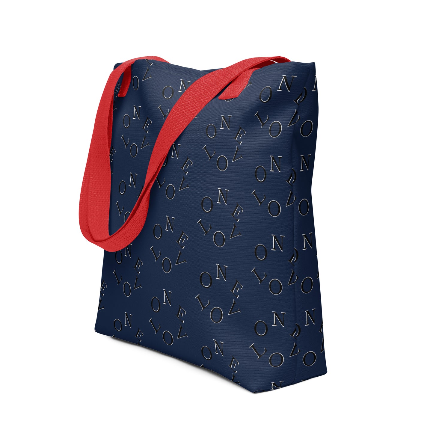 Tote Bag – One Love in navy with subtle repeated lettering design and contrasting red straps, featuring faith-inspired and purpose-driven messaging with melanin-rich imagery.