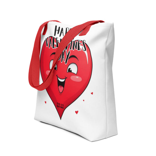 White Tote Bag – Happy Valentine featuring a cheerful red heart graphic with smiling face and red handles, embodying faith-inspired, purpose-driven messaging and melanin-rich imagery.