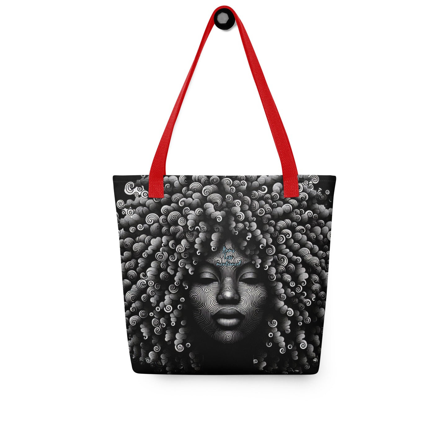 Tote Bag – Curly Girl featuring a detailed black and white artistic portrait of a woman with intricate curly hair design and vibrant red handles, perfect for stylish everyday use.
