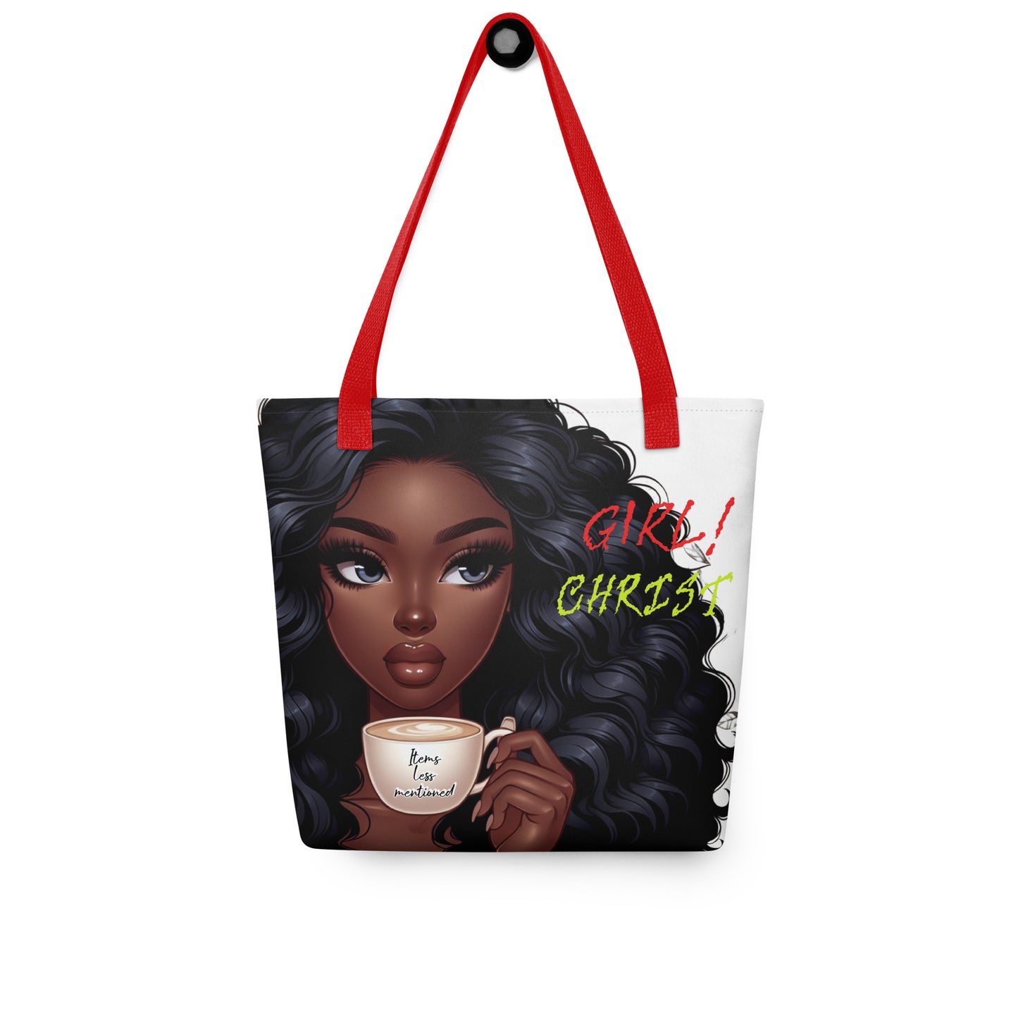Tote Bag – Girl! God featuring a stylish illustration of a Black woman with voluminous hair holding a cup with "Peace, Love, Faith" text, red handles, faith-inspired design.