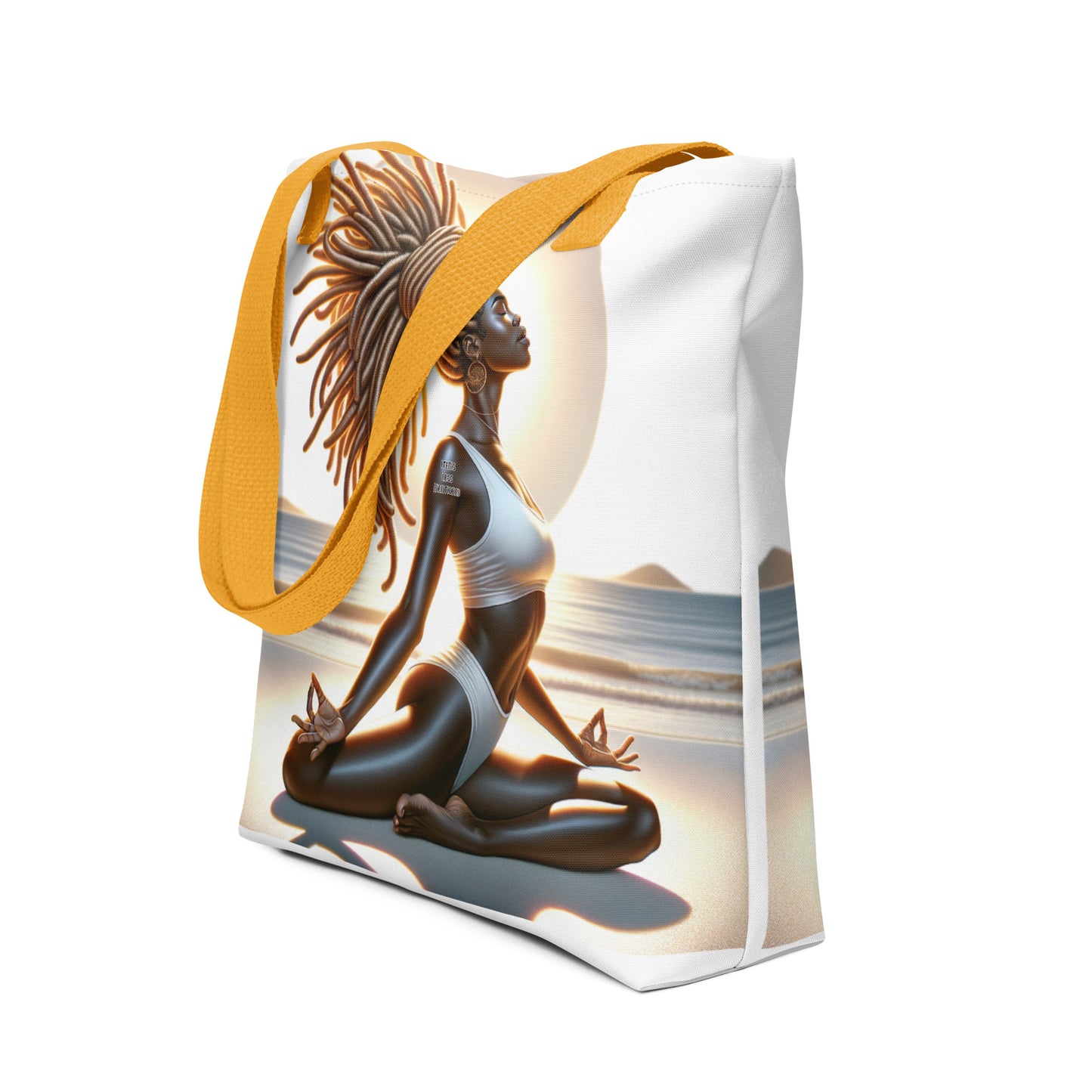 Tote Bag – Pilates in the Sun featuring melanin-rich imagery of a serene Black woman practicing yoga on the beach with warm sunlight, inspired by faith and purpose-driven messaging.