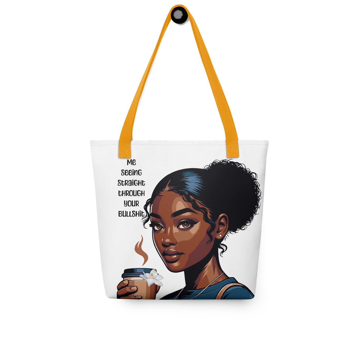 Tote Bag – Side Eye Queen featuring a confident melanin-rich illustration of a Black woman with natural hair holding a coffee cup, paired with purpose-driven messaging and vibrant yellow handles.
