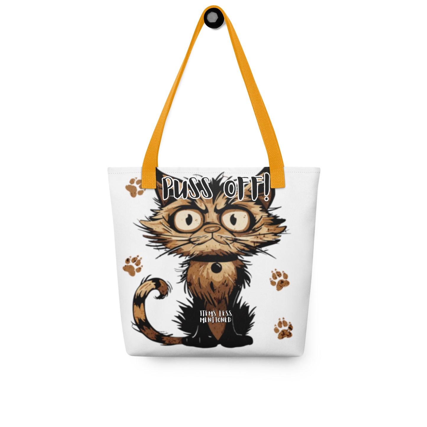 Tote Bag – Puss Off featuring a cute cartoon cat with expressive eyes, paw prints, and bold text, designed with faith-inspired messaging and melanin-rich imagery.