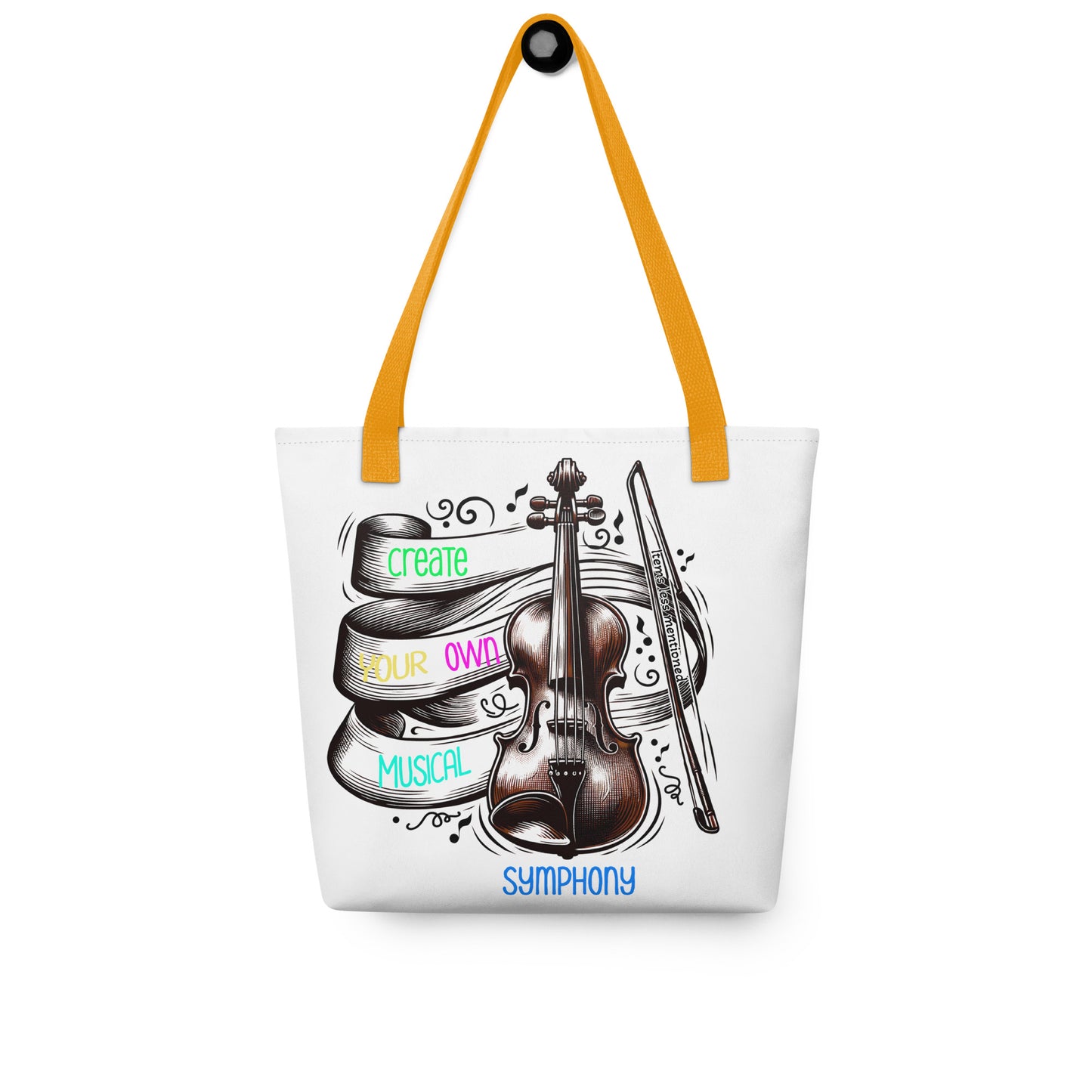 Tote Bag – Create Your Own Musical Symphony with a detailed violin illustration, colorful musical notes, and bright orange handles perfect for music lovers and inspirational gifts.