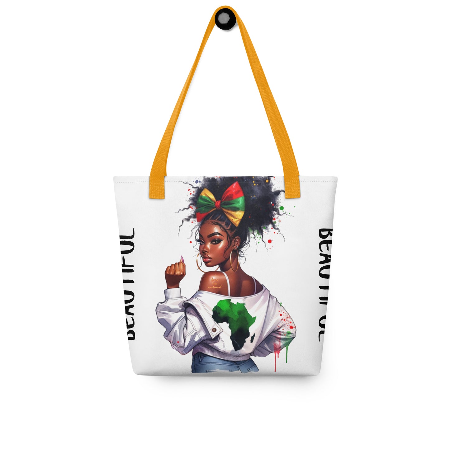 Tote Bag – Beautiful featuring vibrant artwork of a confident Black woman with an afro and colorful headwrap, wearing a jacket with an Africa map, accented by mustard yellow handles.