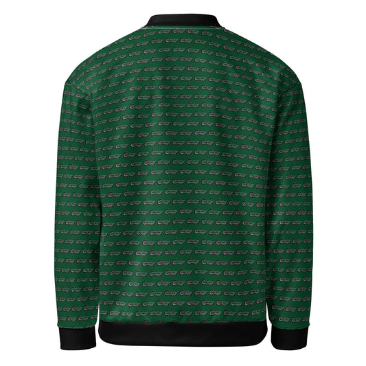 Back view of Melanin Made Green Unisex Bomber Jacket featuring an all-over dark green pattern with black collar, cuffs, and waistband, blending melanin fashion with streetwear style.