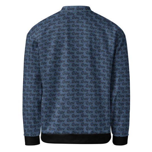 Back view of Melanin Made Steel Blue Unisex Bomber Jacket with repeating subtle logo pattern, ribbed black cuffs and waistband, stylish and comfortable apparel for melanin fashion enthusiasts.