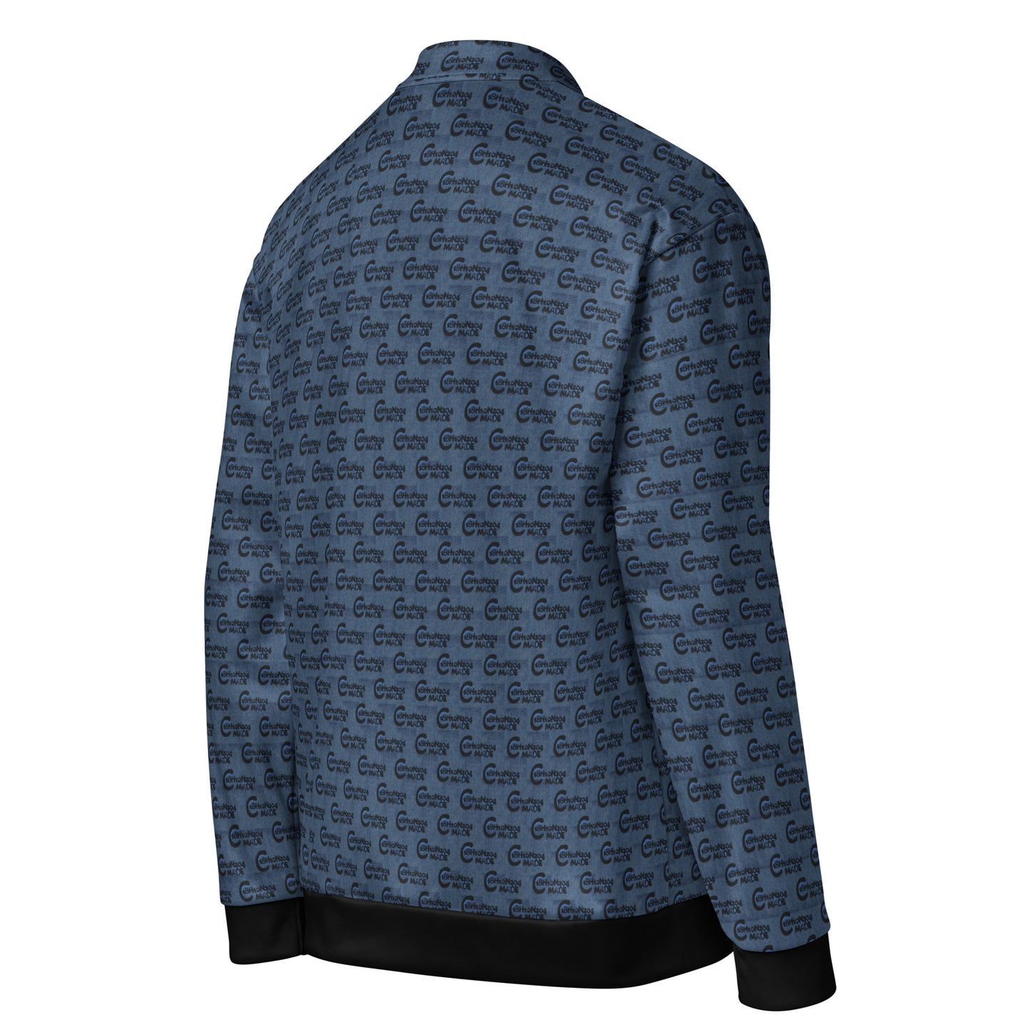 Melanin Made Steel Blue Unisex Bomber Jacket featuring an all-over subtle repeating pattern in steel blue with black cuffs and waistband, perfect for melanin-rich fashion lovers.