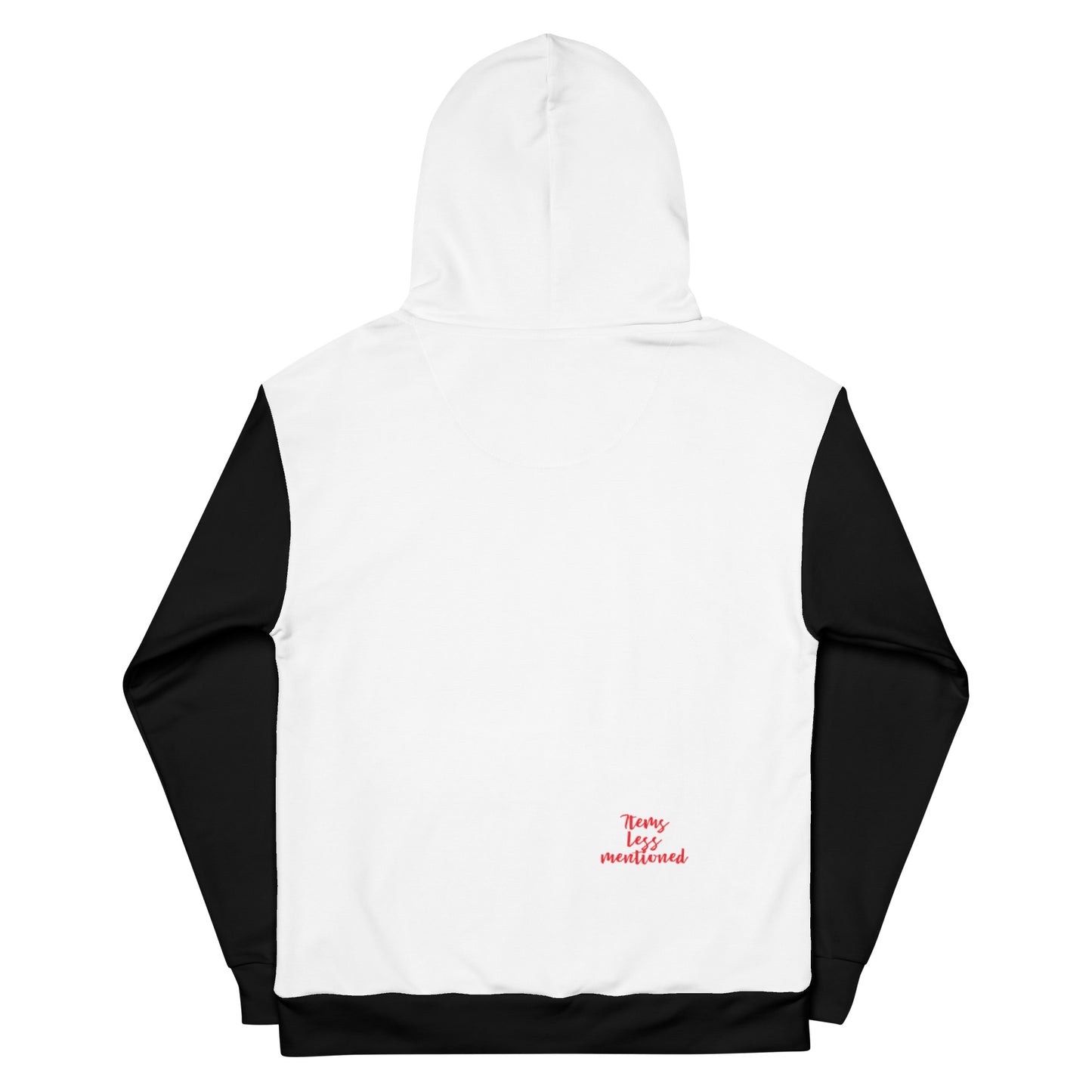 Back view of the Is It Friday Yet? Bandaged Cat Unisex Cotton Hoodie featuring a white cotton body with black sleeves and hood, showcasing a casual, comfortable style for everyday wear.