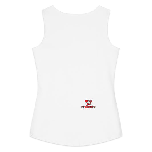 White sleeveless cotton tank top with a small red "Items Less Mentioned" logo near the lower back, called Kicks Over Everything Tank