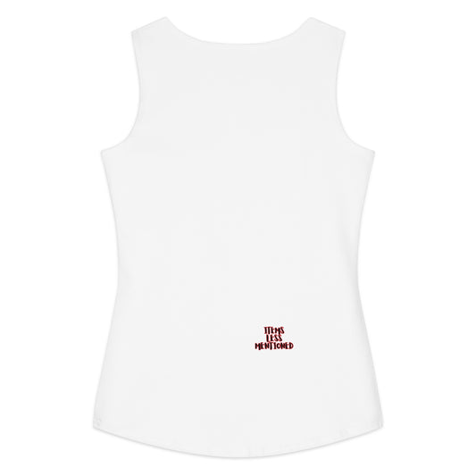 Back view of a white cotton tank top featuring a small "Items Less Mentioned" logo near the bottom, part of the "I Need My Flipping Joe Tank" collection.