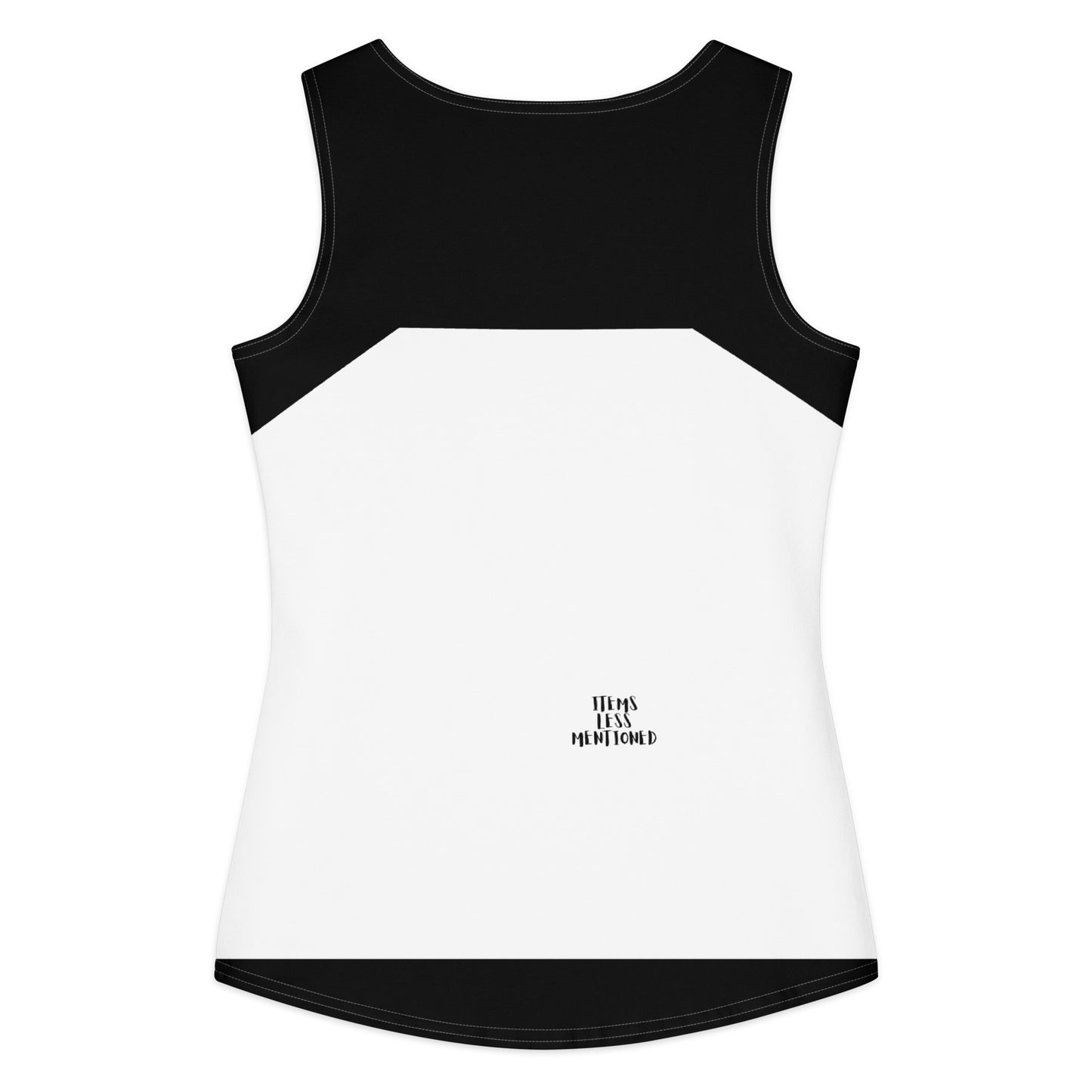 Back view of a black and white Got God Tank featuring a color block design and a small Items Less Mentioned logo near the hem, showcasing faith-inspired apparel style.