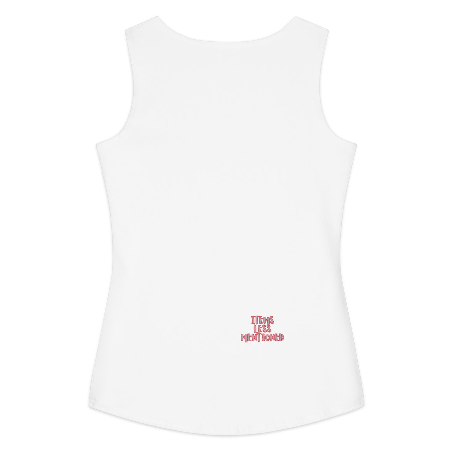 White cotton women's tank top with a small red "Items Less Mentioned" logo near the bottom, styled as the Hug at Your Own Risk Tank.