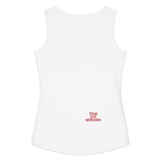 White cotton women's tank top with a small red "Items Less Mentioned" logo near the bottom, styled as the Hug at Your Own Risk Tank.