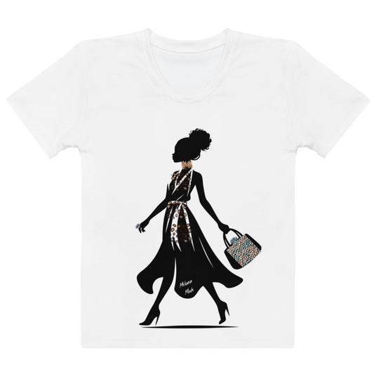 White Afro Puff Strut Women's T-Shirt featuring a stylish silhouette of a woman with an afro puff hairstyle, wearing a flowing dress and carrying a patterned handbag, embodying melanin fashion.