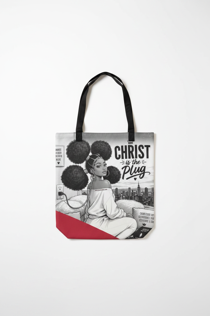 Christ Is the Plug Tote Bag — Flat Lay