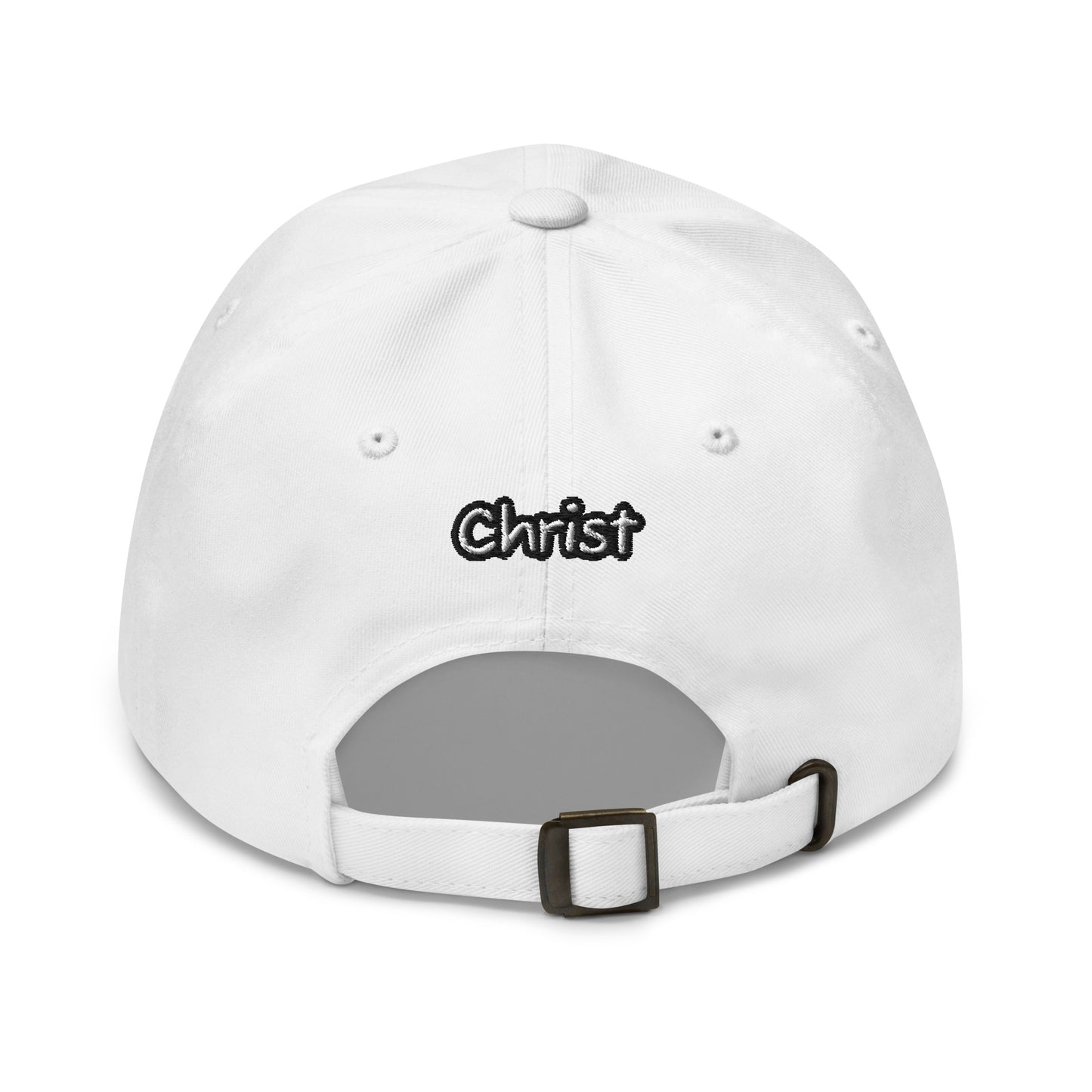 Back view of a white Dad Hat – A Verse a Day Keeps the Devil Away with adjustable strap and embroidered word "Christ" above the opening, reflecting faith-inspired apparel.