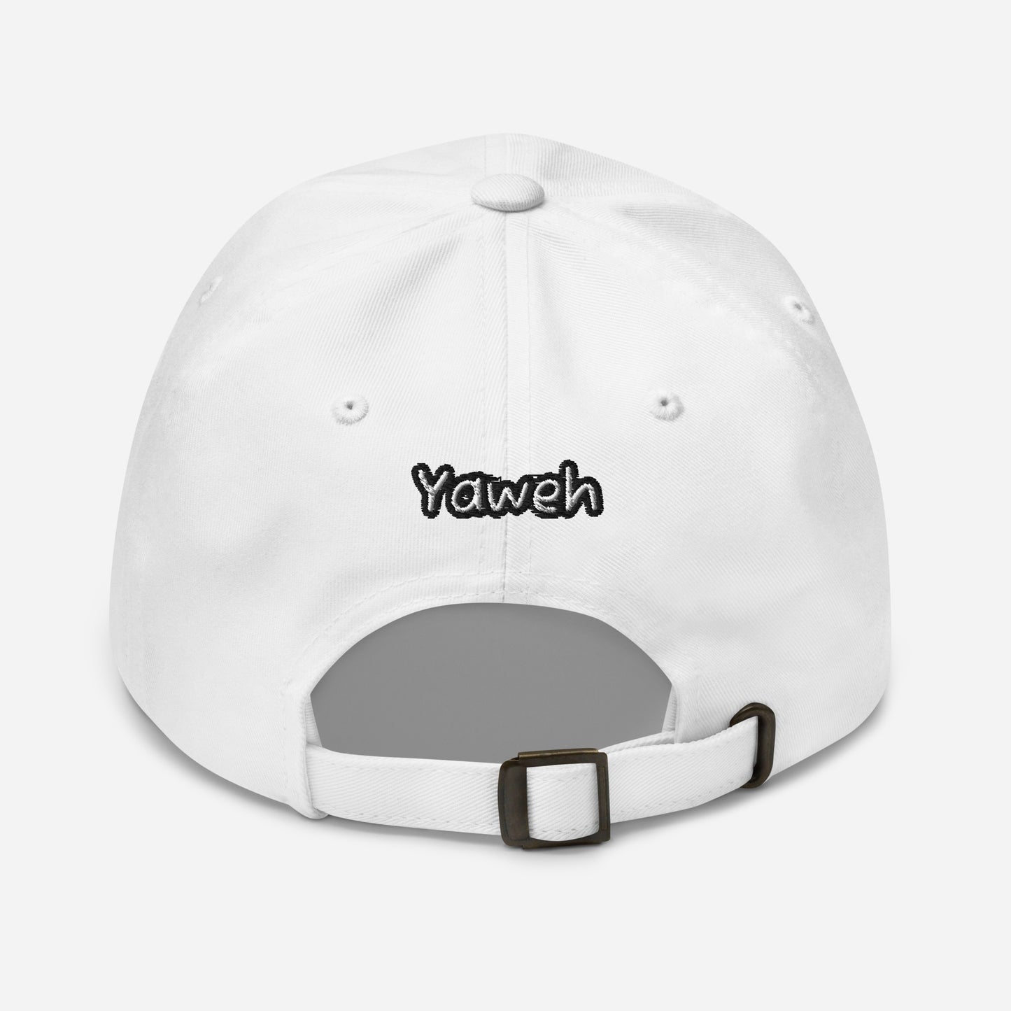 White Dad Hat – Yahweh Every Day with adjustable strap and embroidered "Yaweh" text on the back, faith-inspired apparel perfect for everyday wear.