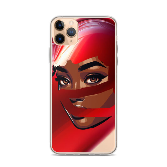 Clear iPhone® case featuring a bold, artistic illustration of a woman's face partially covered with a red scarf, reflecting faith-inspired apparel and purpose-driven messaging. Red Scarf Mystery Clear iPhone® Case.