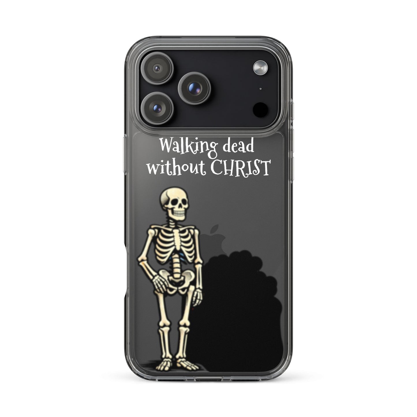 Clear iPhone® case featuring a skeleton graphic and "Walking Dead Without Christ" text, combining faith-inspired apparel with purpose-driven messaging.