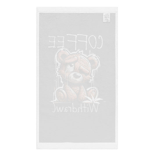 Hand Towel – Coffee Withdrawal (Black) featuring a cute, sleepy bear illustration with coffee-themed text, perfect for faith-inspired home decor and inspirational gifts.