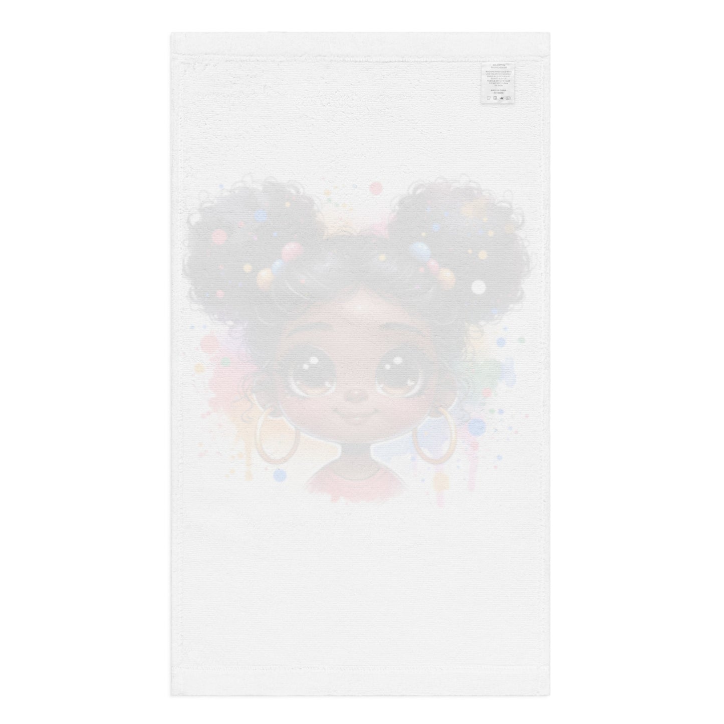 White hand towel featuring a cute illustration of a young Black girl with large brown eyes and colorful hair accessories, embodying melanin-rich imagery and faith-inspired artistry in the Hand Towel – Pretty Brown Eyes.