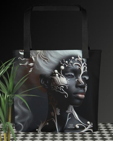 Tote Bag – Beauty Is Definitely Skin Deep featuring a striking portrait of a Black woman with intricate white floral face and body art on a black background, showcasing melanin-rich beauty.