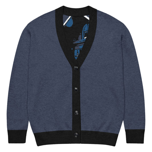 Knitted Cardigan – Porch Vibes in blue with black trim, featuring a cozy design perfect for faith-inspired apparel lovers embracing melanin-rich imagery and purpose-driven messaging.
