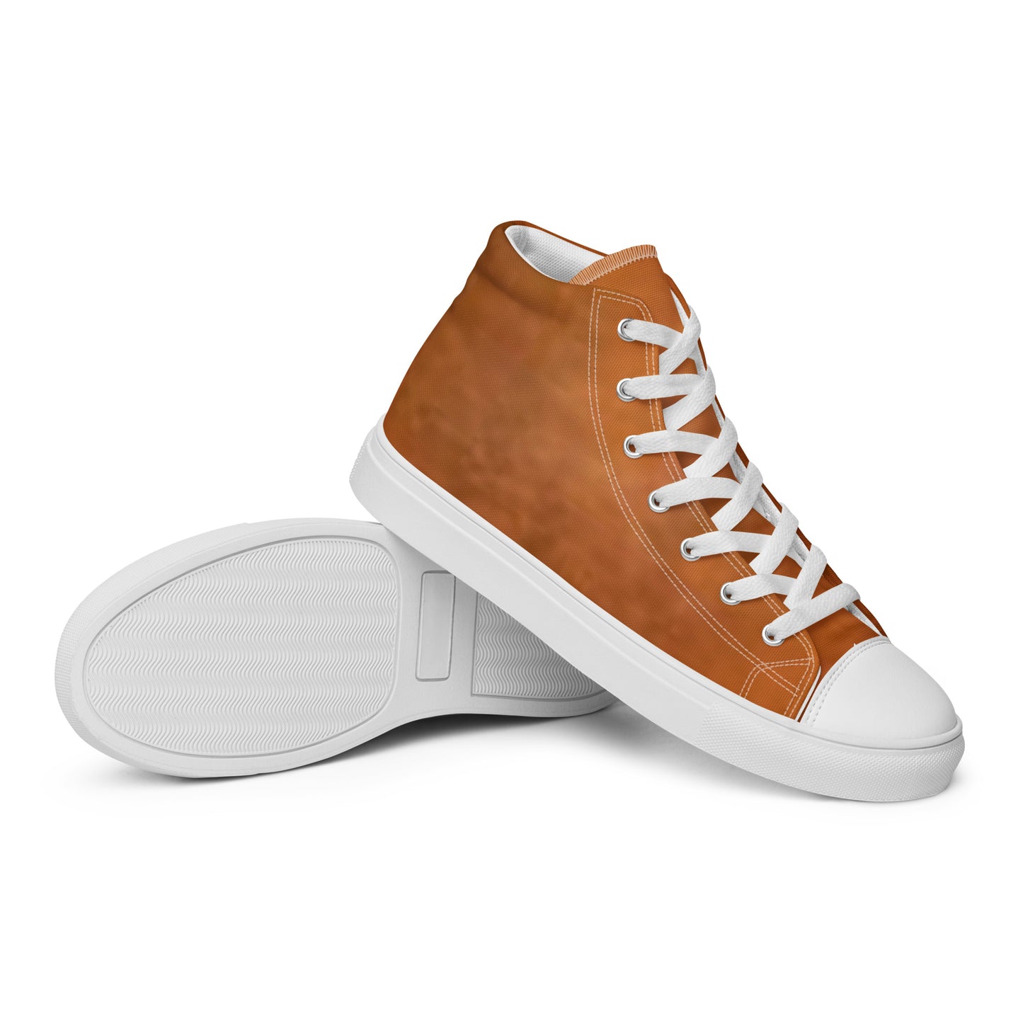 Pair of Tan Leather Look Men's High Top Sneakers with white soles and laces, showcasing clean stitching and a sleek design for casual faith-inspired fashion.